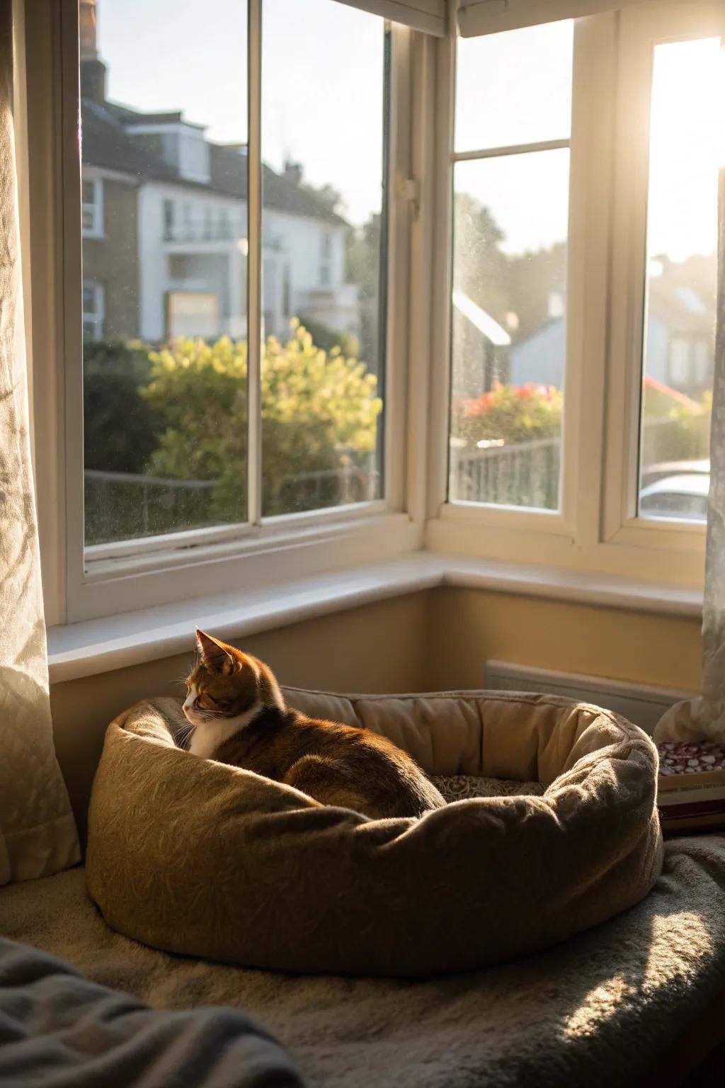 A pet-friendly perch in the bay window offers a sunny spot for your furry friend.
