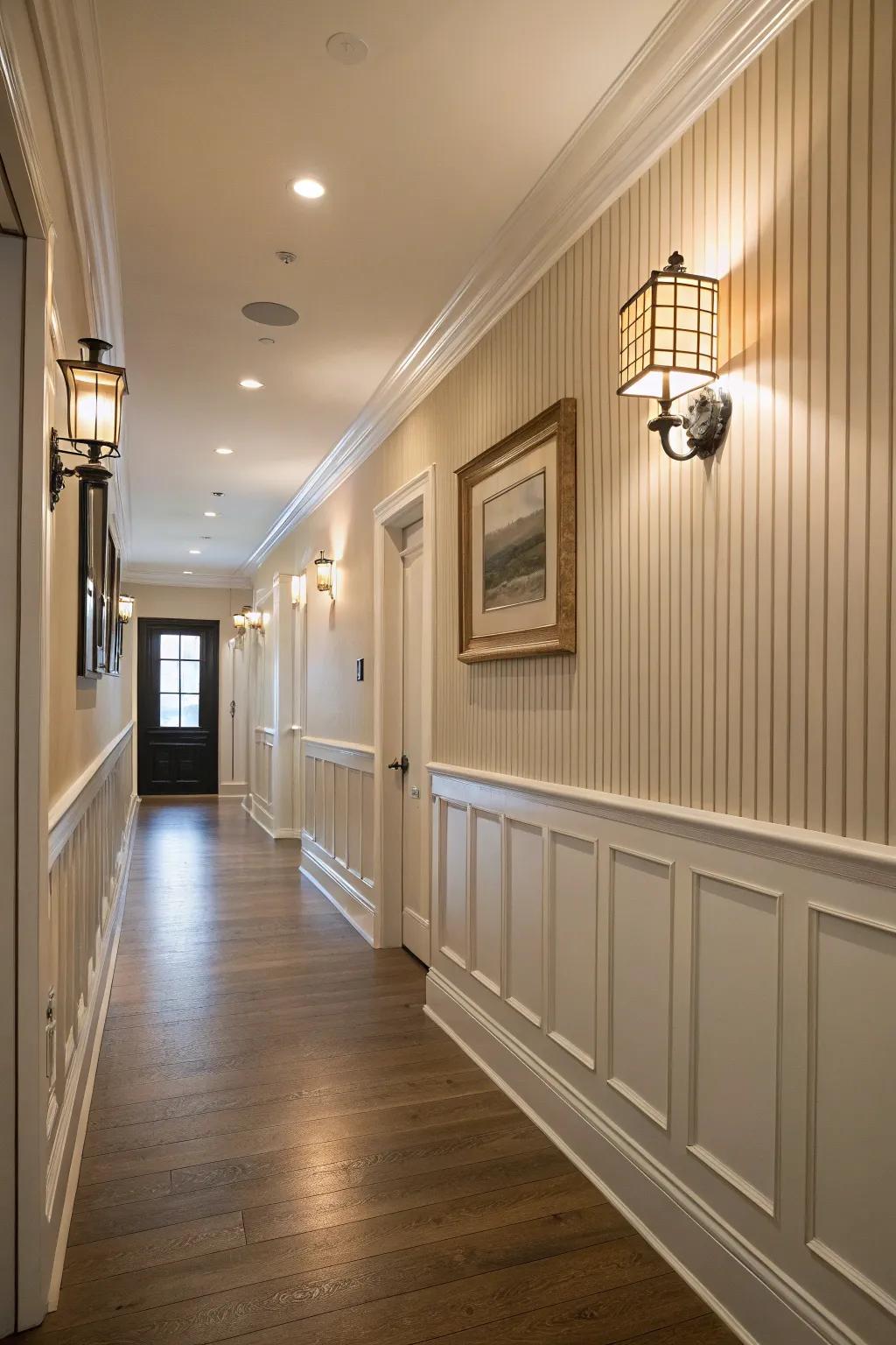 A sparkle hallway with dyed paneling divider.