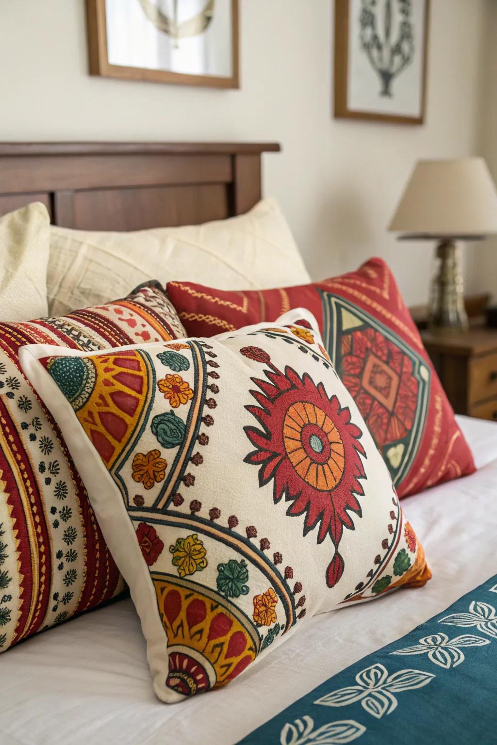 Amalgamate cultural patterns for a profound and layered cushion arrangement.