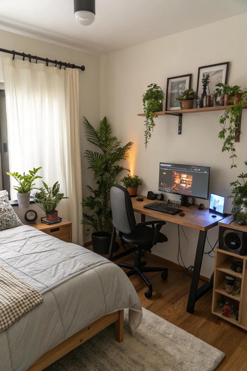 Botanical-inspired decorative elements balances the tech-heavy space.