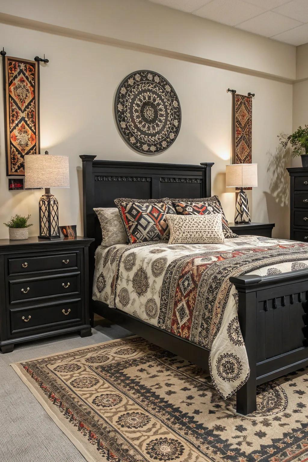 Designs in textiles temper the audacity of ebony furniture, fostering harmony.