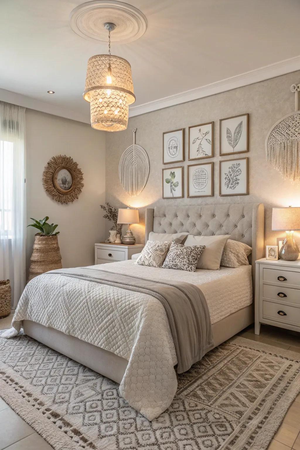 A monochrome design imparts a sensation of harmony to the slumber chamber.