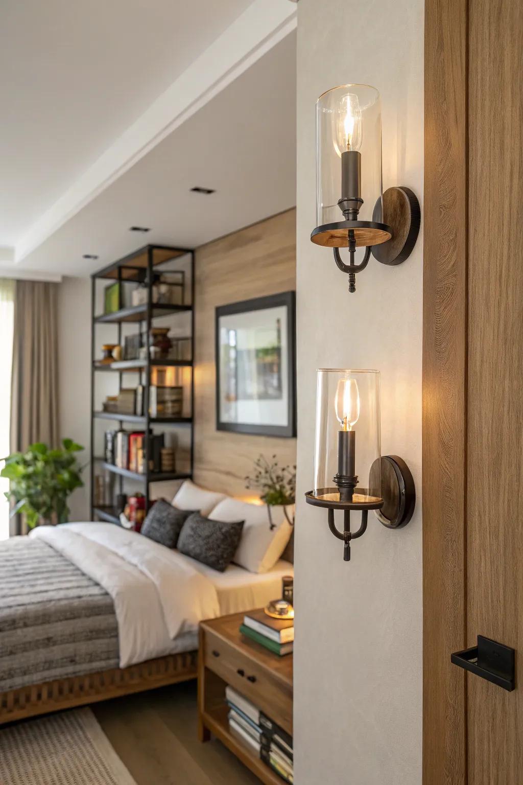 Assorted materials fashion a dynamic semblance in bedroom illumination.