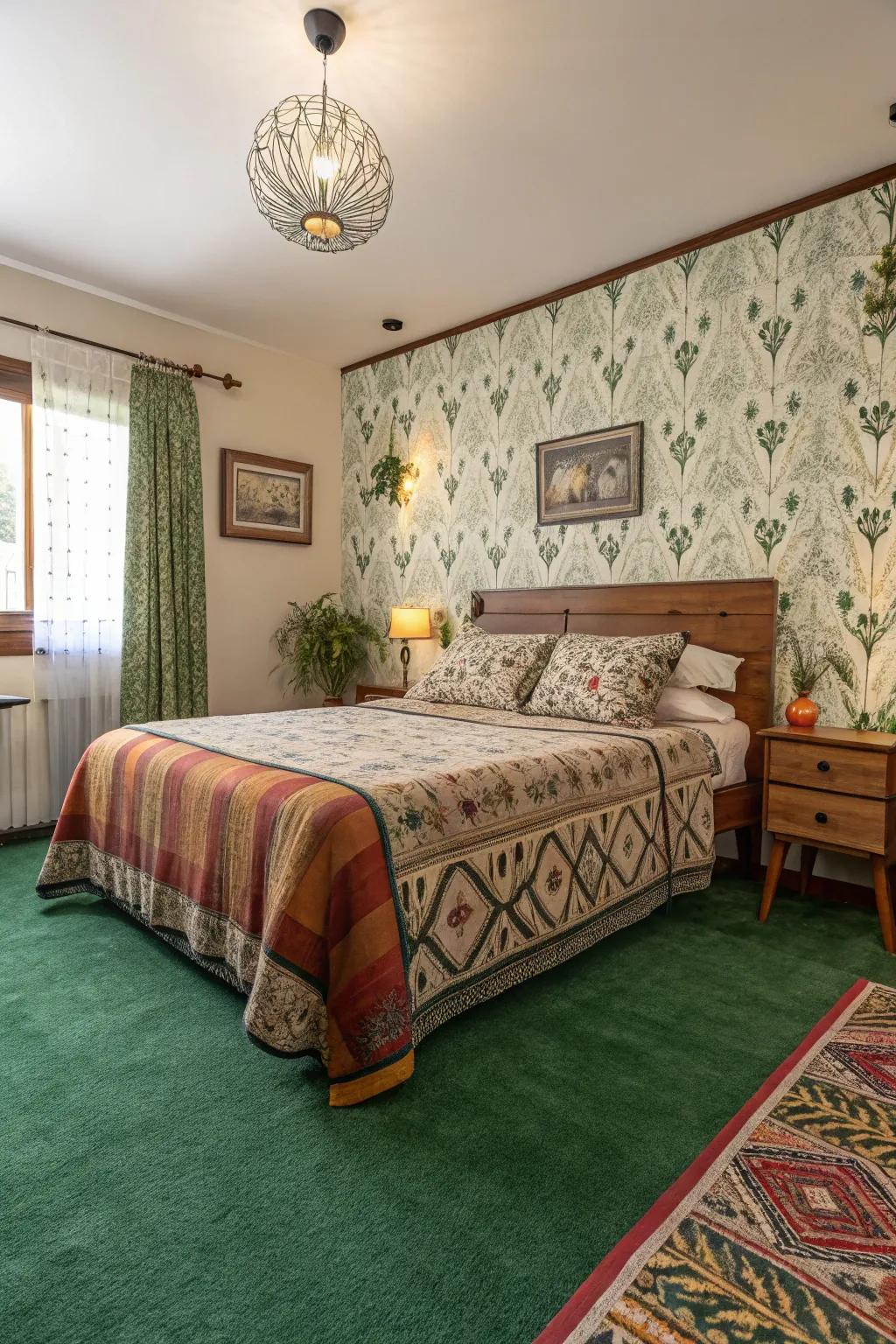 The bedroom design is lifted with patterns in bedding and wallpaper.