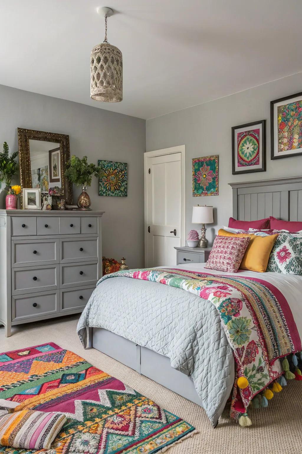 Grey furnishings balancing an eclectic assortment of colors.
