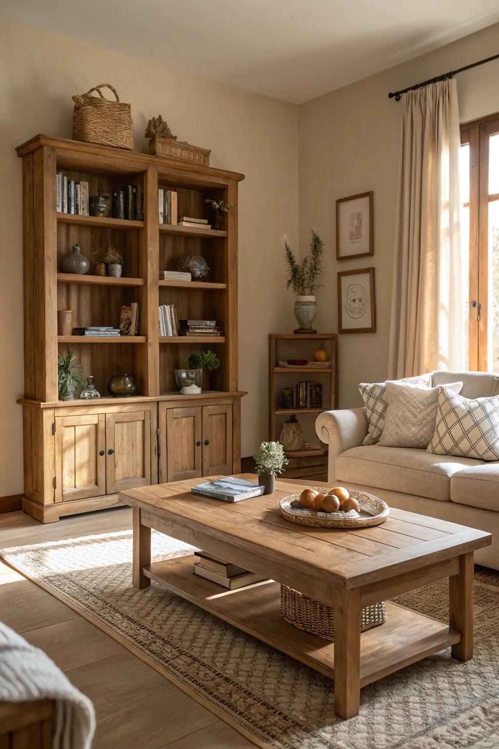 Wood elements introduce warmth and charm.