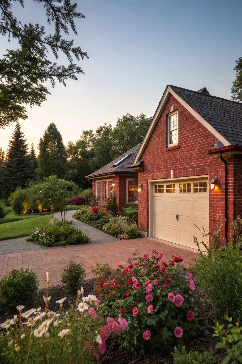 Ivory garage doors offer a calming effect on red brick homes.