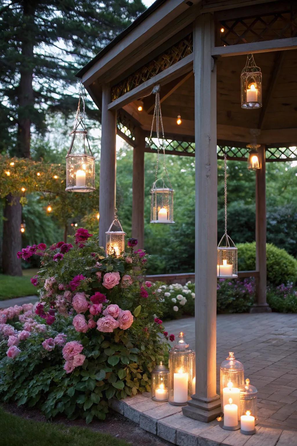 Hanging candles fashion a romantic and intimate ambiance.