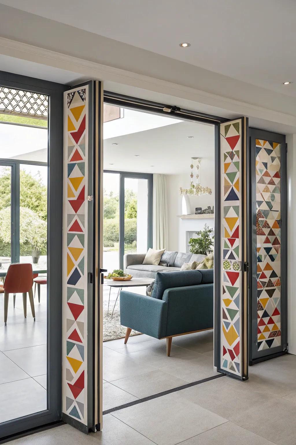 Geometric patterned grips create a striking statement on folding doors.
