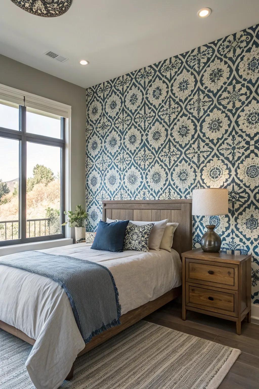 A large bedroom with a striking accent wall that adds visual interest.