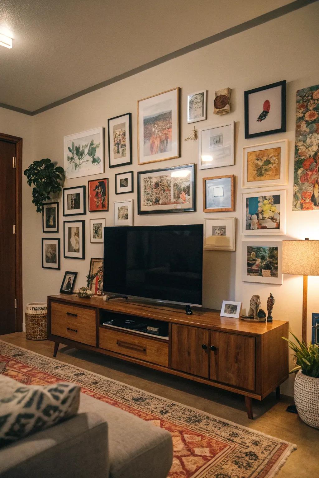 A gallery-style wall integrates the television into the general decor.