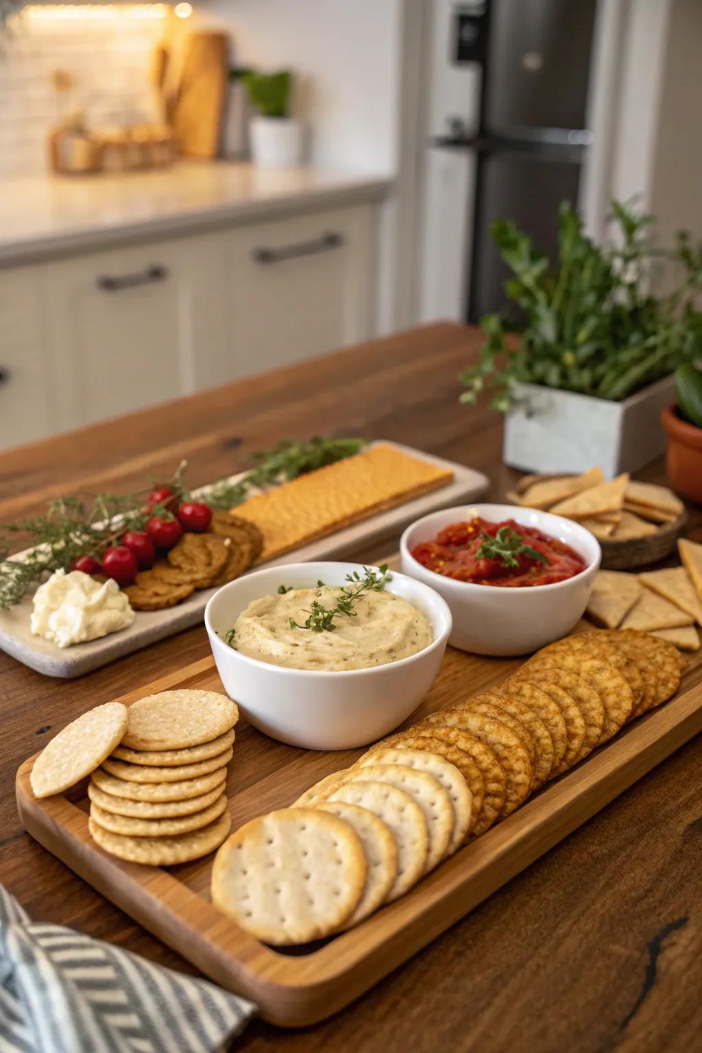 Crackers and dips provide enjoyment for any experience.