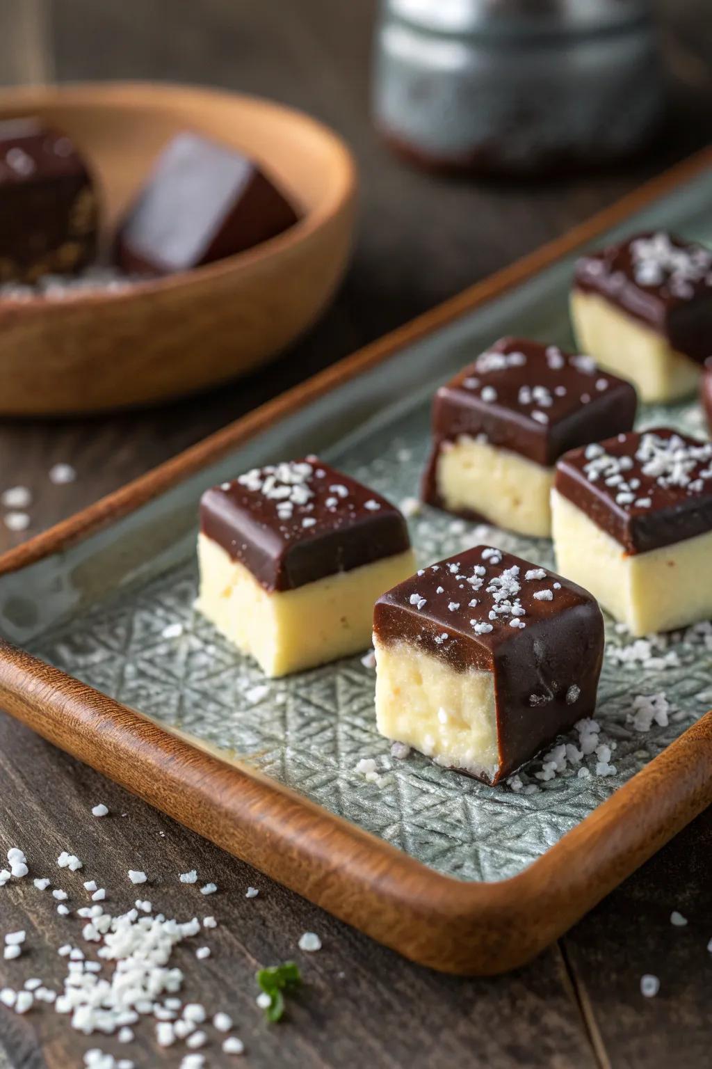 Unanticipated cocoa-enrobed curd, a uniquely intriguing confection.