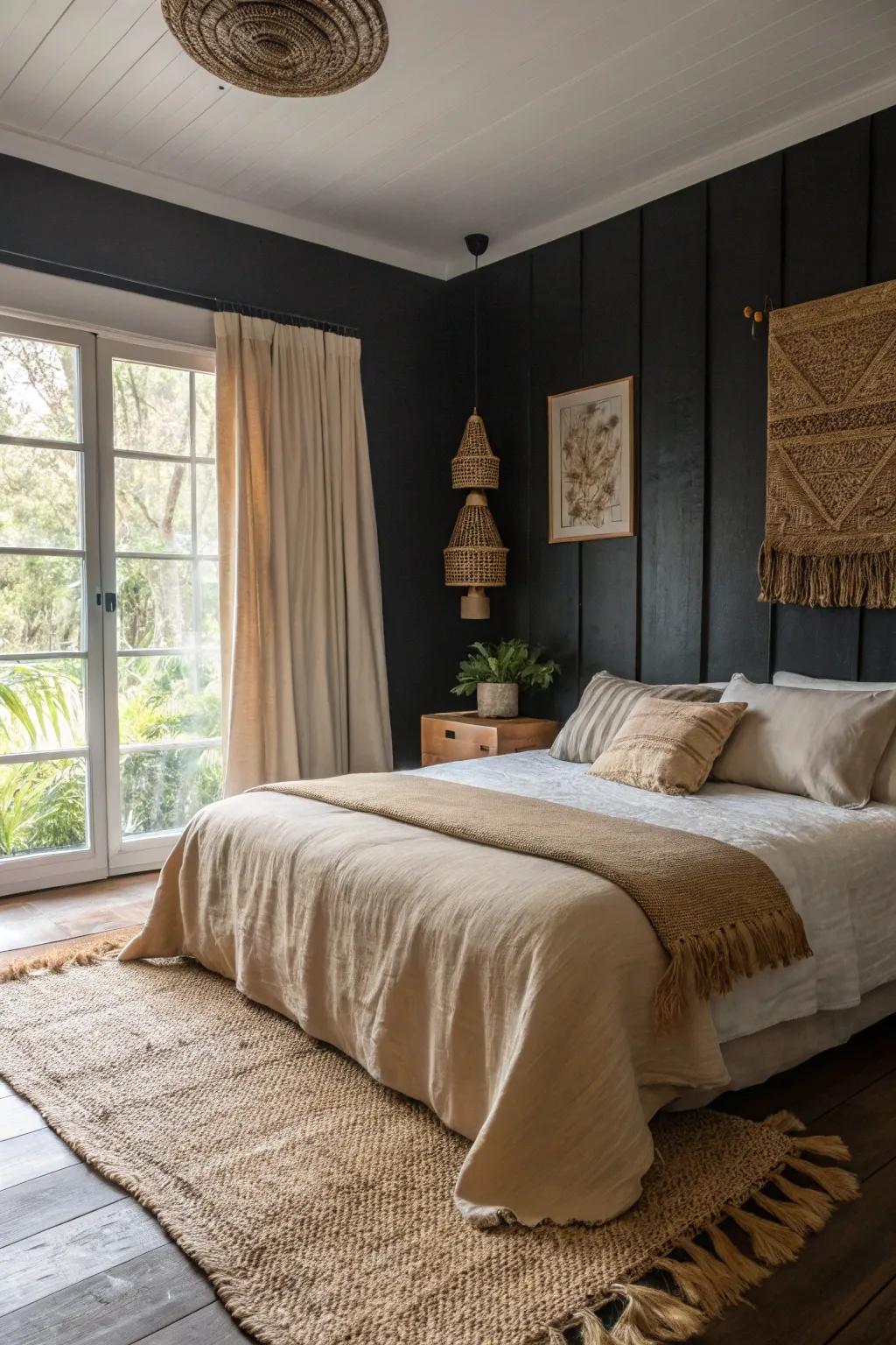Earthy textures balance the boldness of a black accent wall in a serene bedroom.