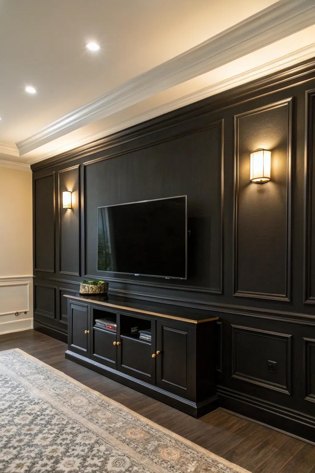 Spotlighting architectural characteristics yields a cohesive aesthetic featuring a dark-painted focus wall.