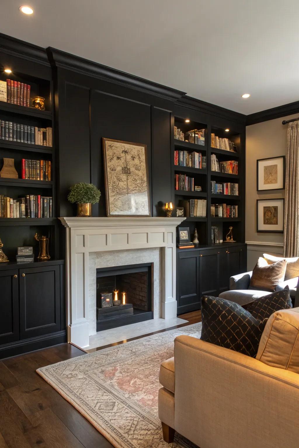 A living room in which an ebony accent wall underscores architectural facets like bookshelves and a fireplace.