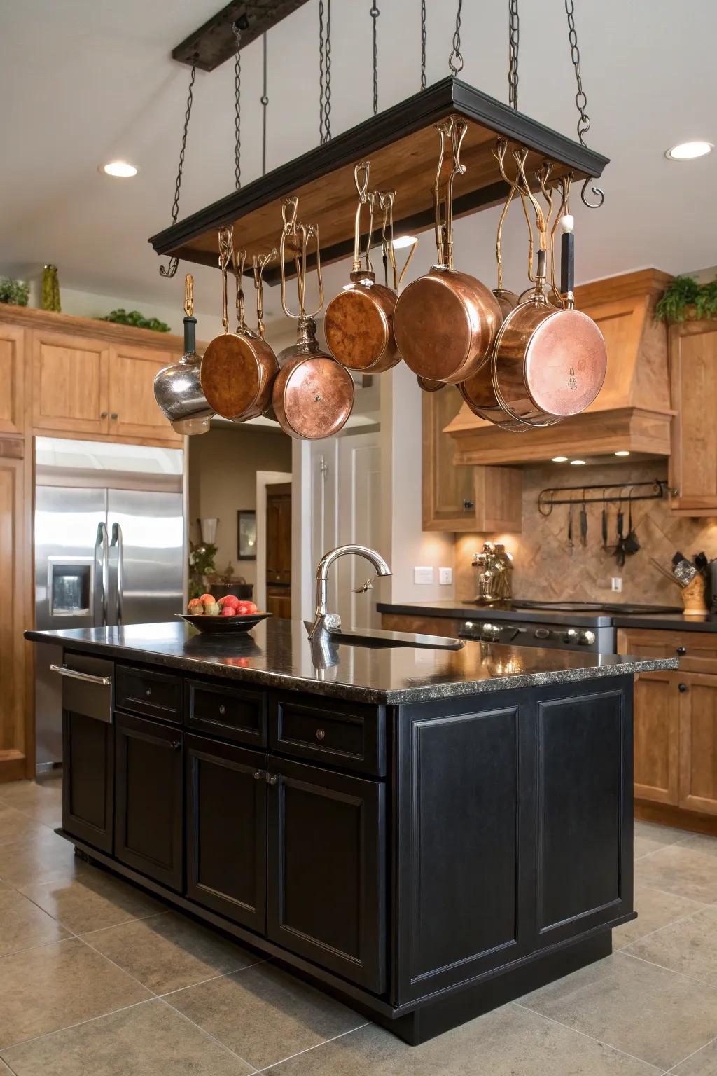 Hanging bronze pot racks add rustic charm and practicality.