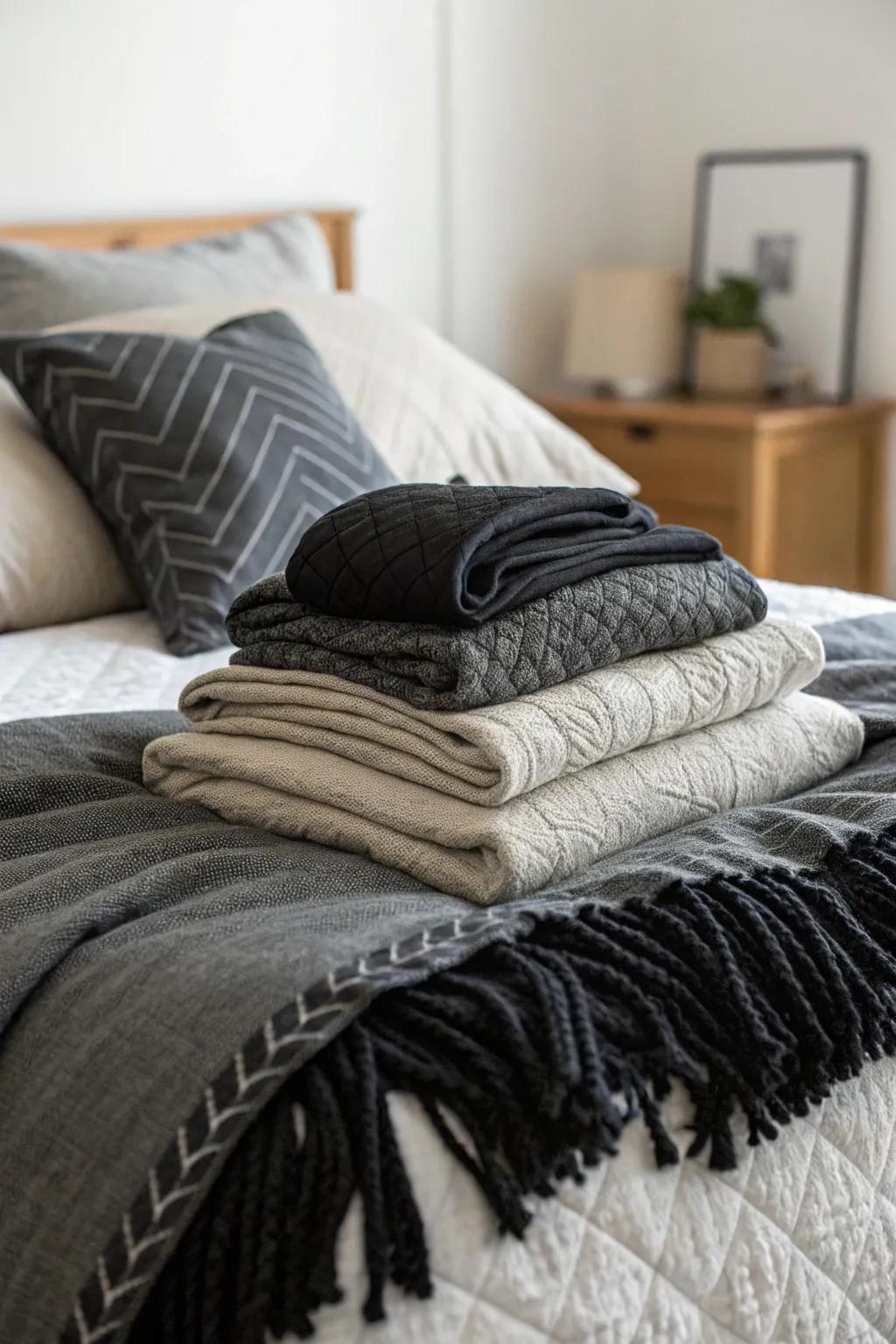 A bed showcasing layered black and grey throws and pillows for added comfort.