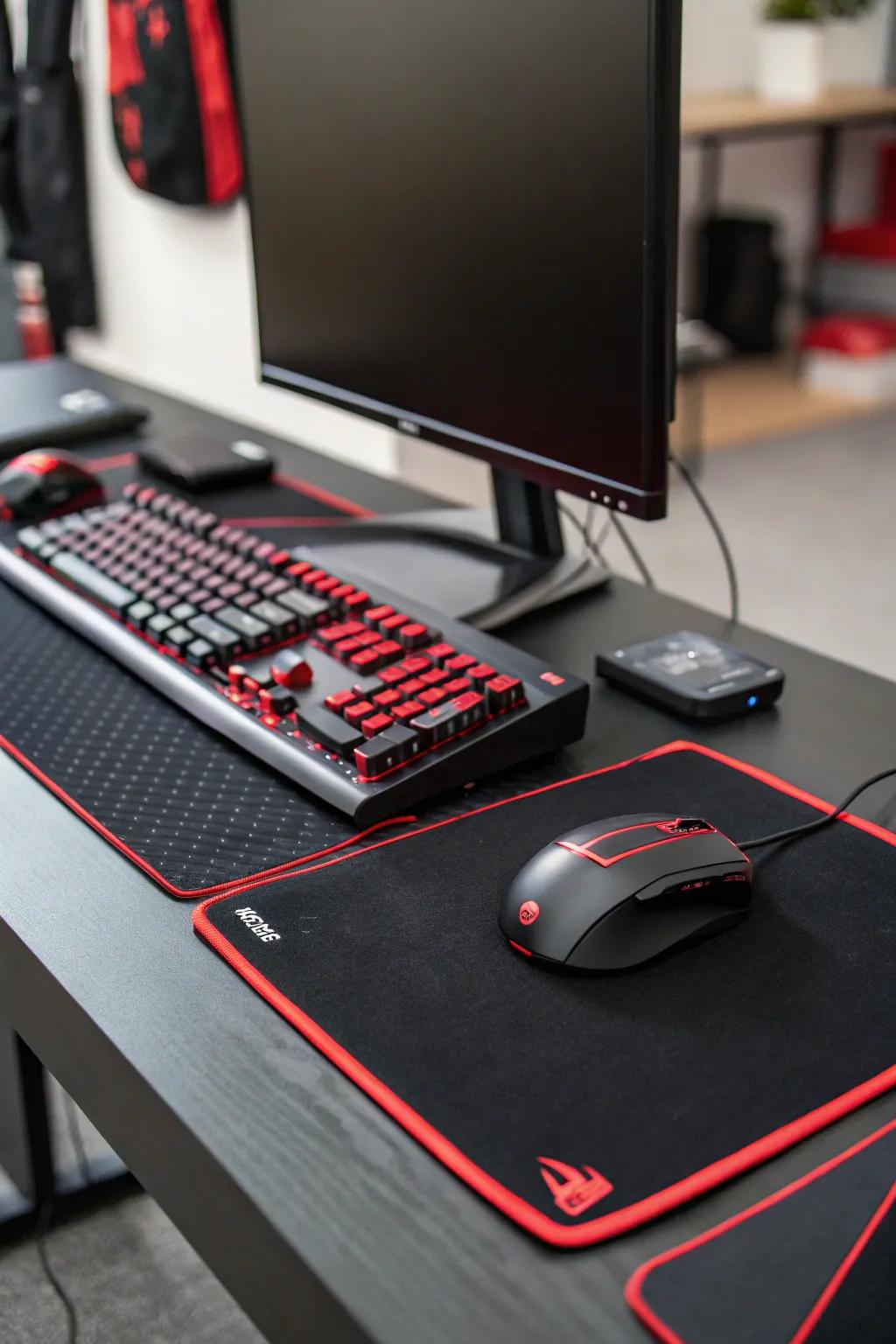 A charcoal gaming desk with scarlet details works as the visual grounding element of the location.