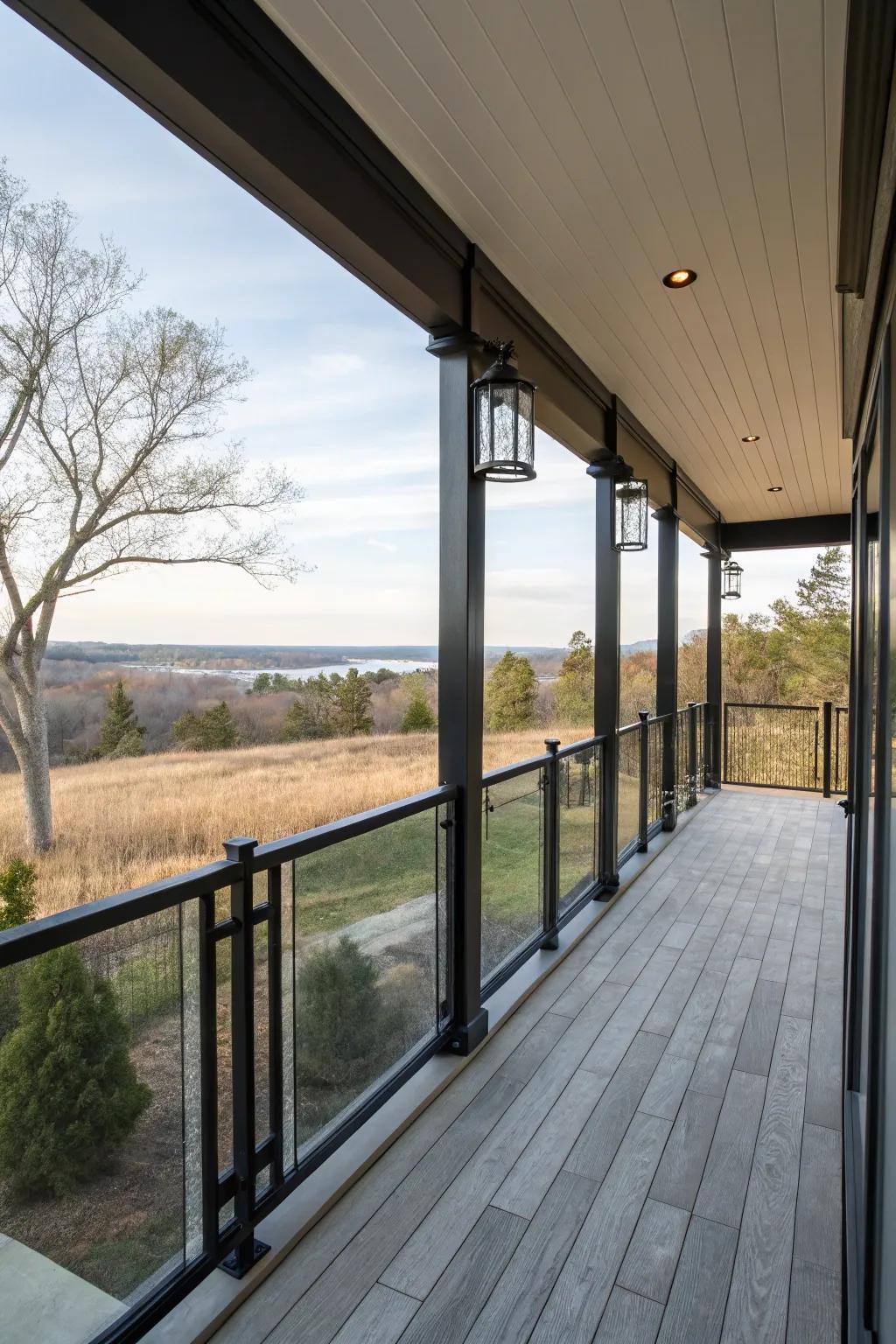 Glass panels with black railings provide distinct scenery and contemporary design.