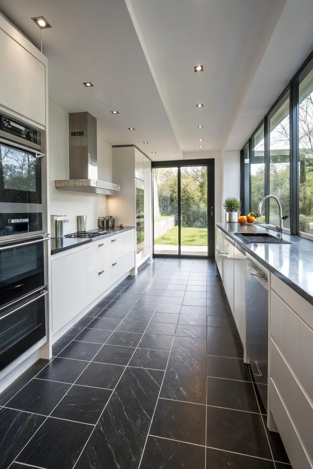 A kitchen accentuating the practicality and allure of dark porcelain floor tiles.