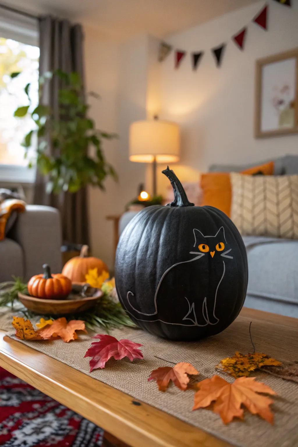 A dark-hued pumpkin with a feline design, appending a playful twist to All Hallows' Eve decoration.