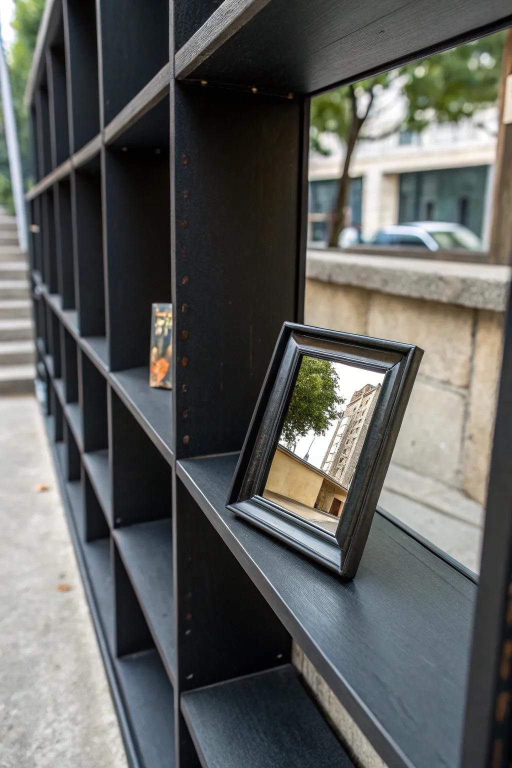 A reflector enriching a black shelf arrangement with depth and space.