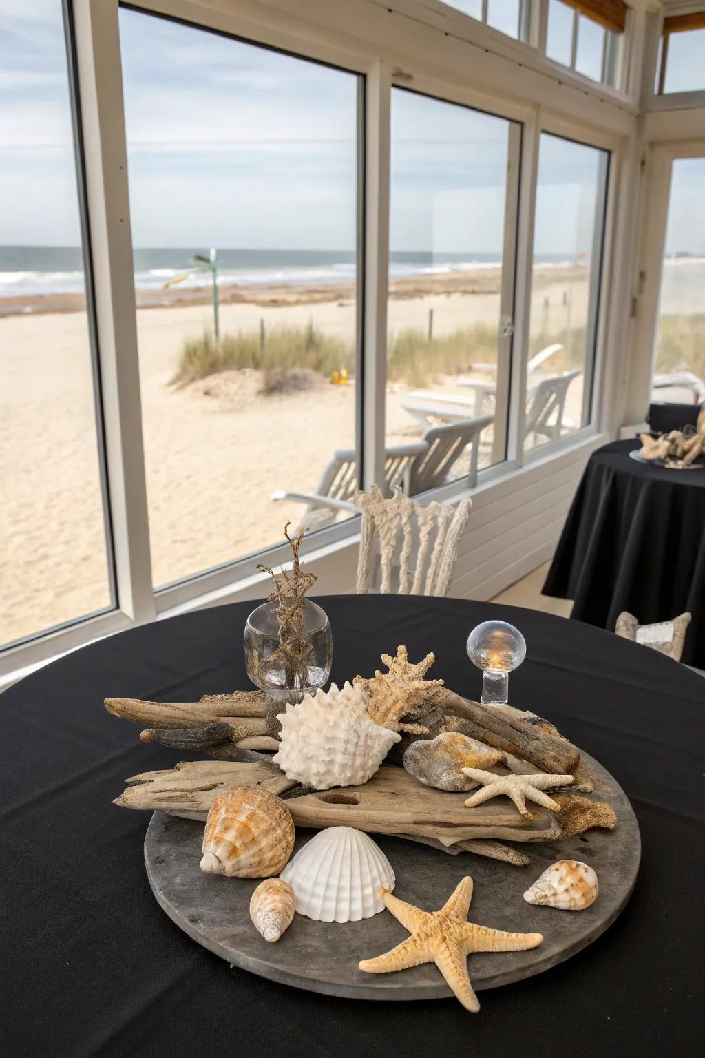 Coastal sophistication merging black with organic elements.