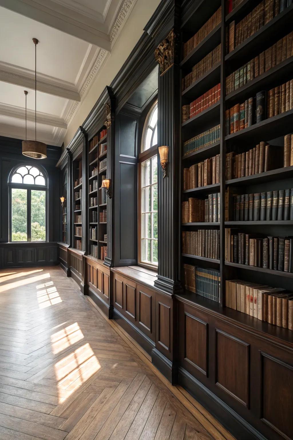 Reading room detailed with contrasting textures and dark wainscoting.