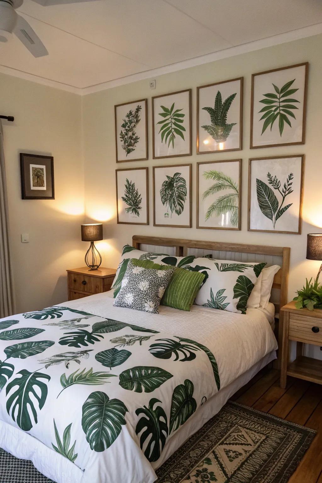 Herbal prints enhance the room's natural appeal.