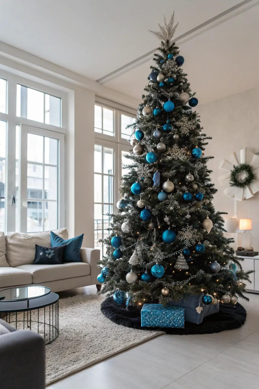 A modern chic azure and ebony Christmas tree design.