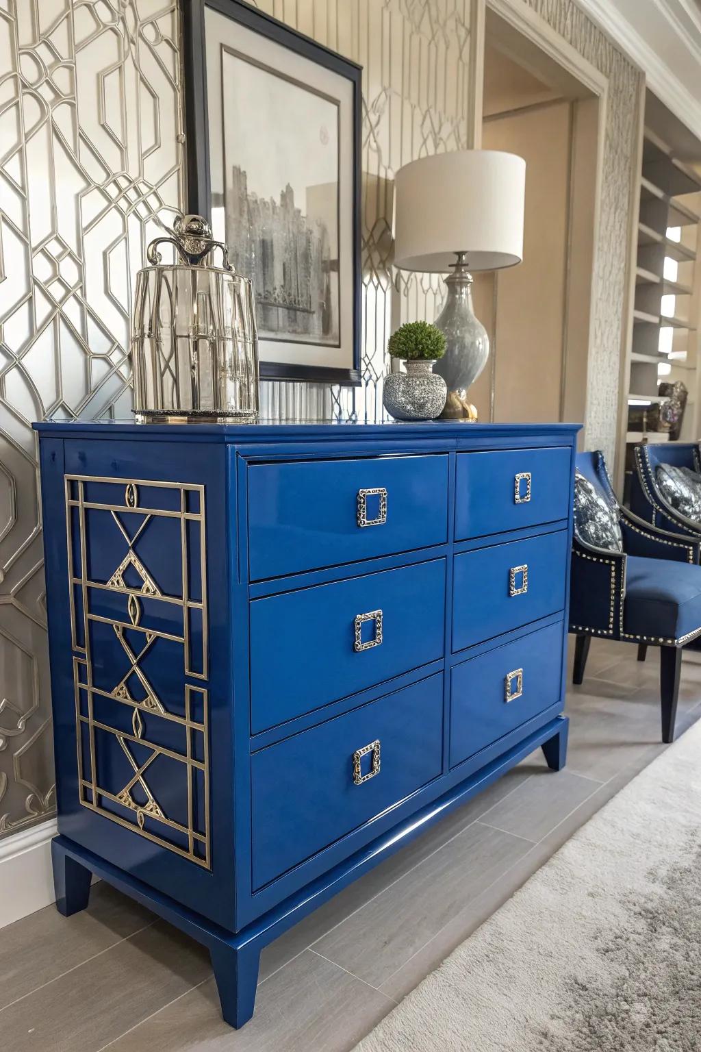 A radiant cobalt blue dresser showcasing Art Deco influences.