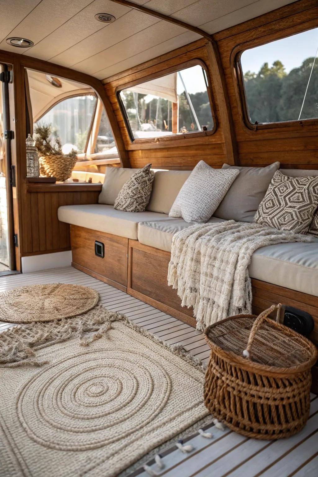 Natural tactile elements infuse warmth and profundity into the boat interior.