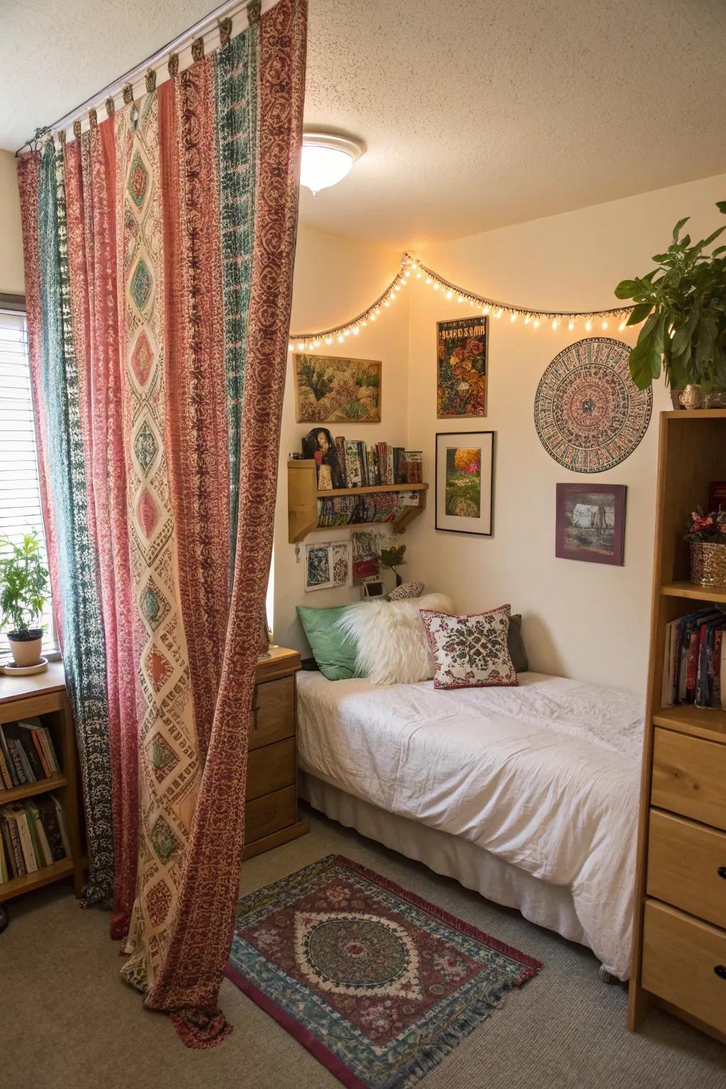 Bohemian sheer panels soften the window area