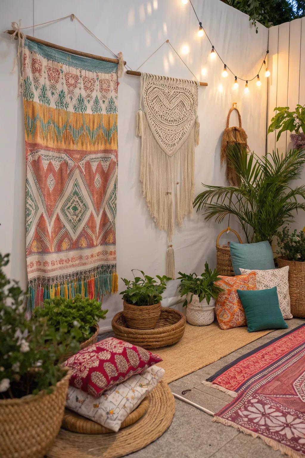 Artistic boho backdrop with macramé and fabrics