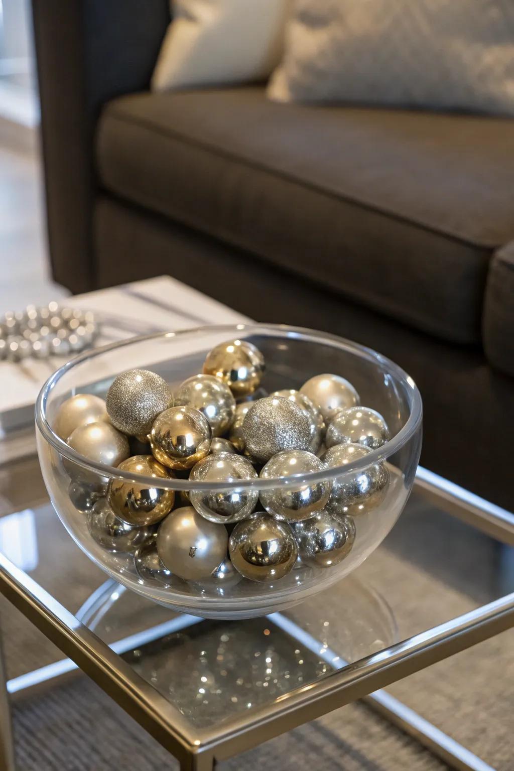 A modern glass bowl showcasing metallic spheres, adding a touch of glamour