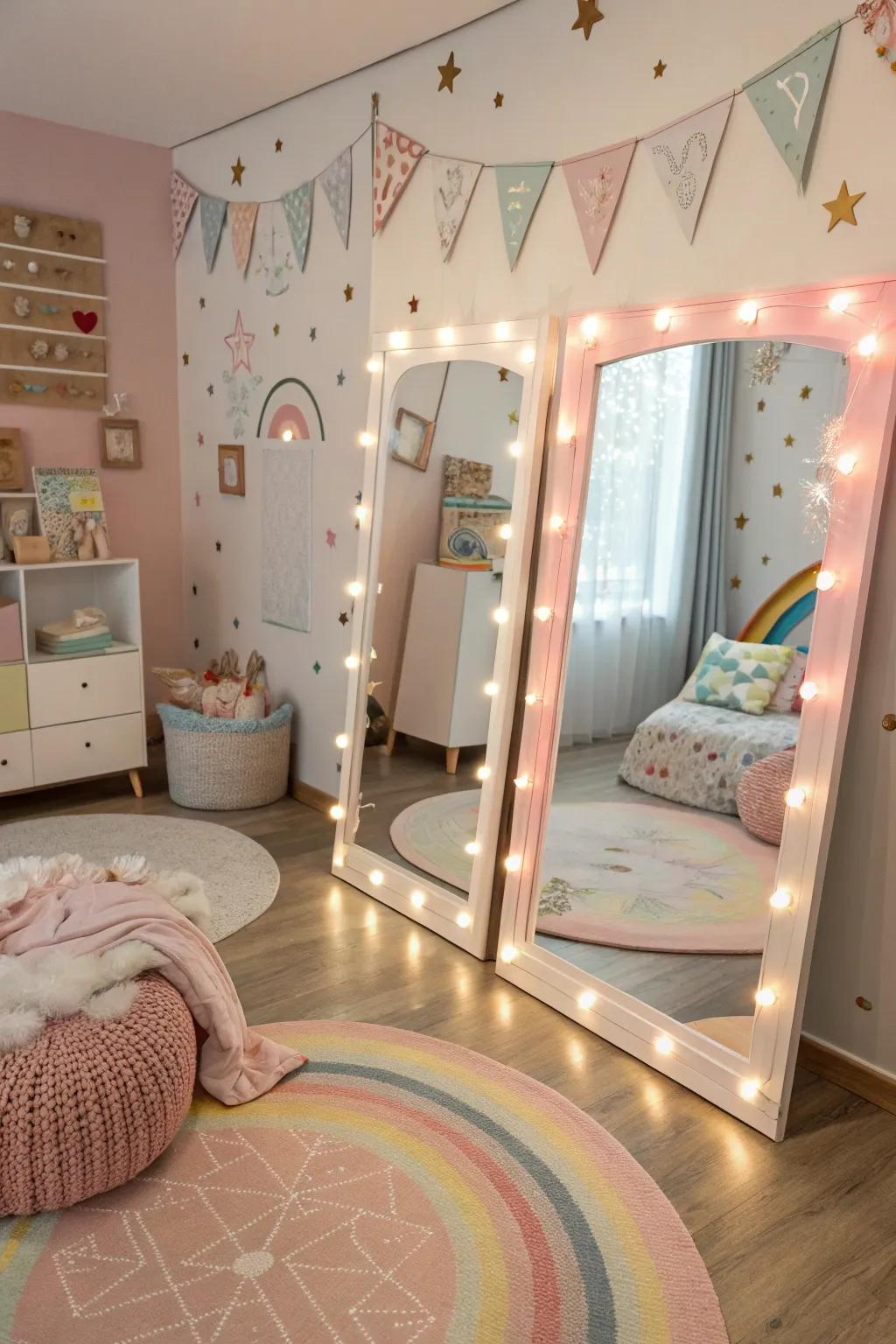 Reflective surfaces enhance light and generate the semblance of a larger area.