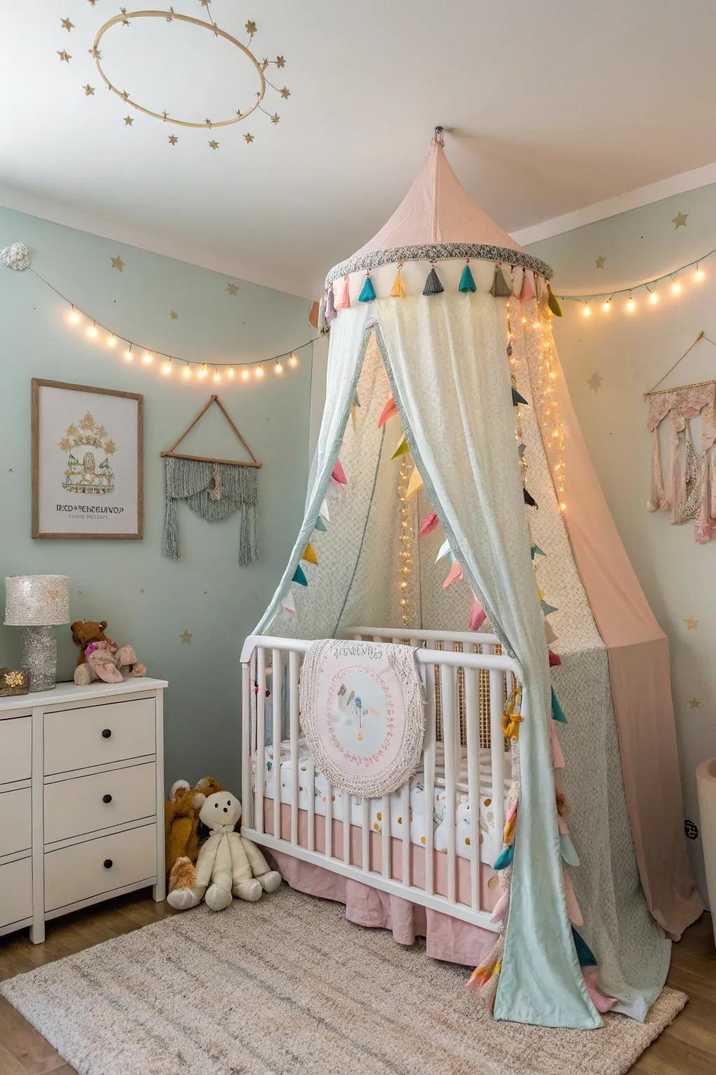 A canopy adds a touch of whimsy and coziness to the crib.