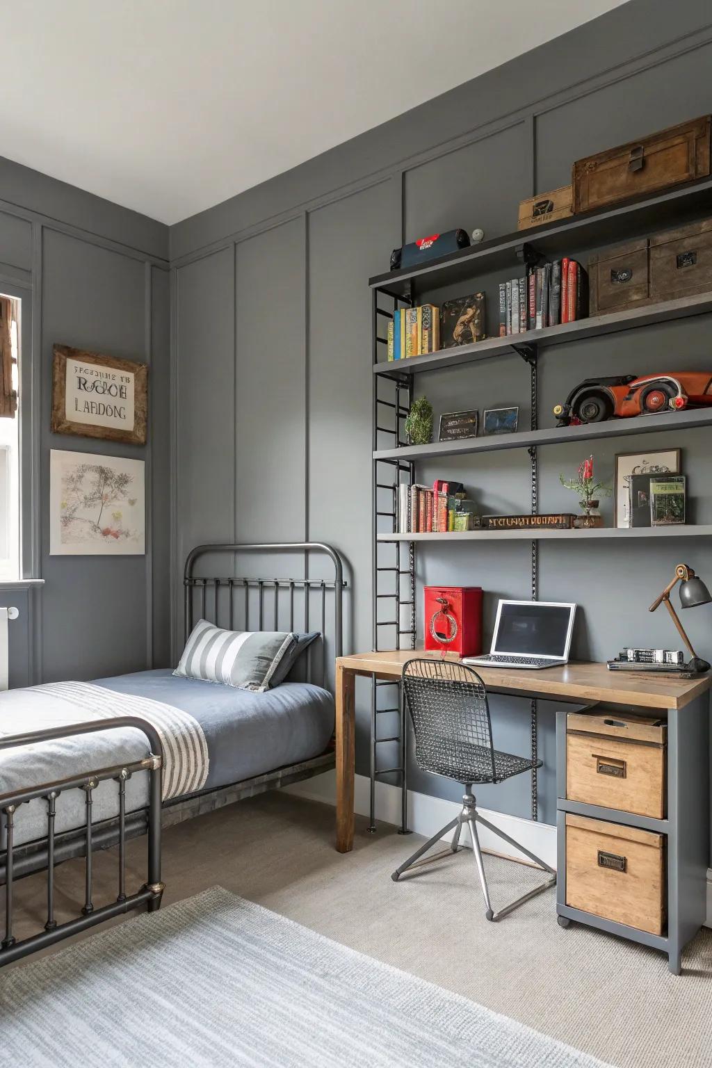 Modern edge through industrial gray tones.
