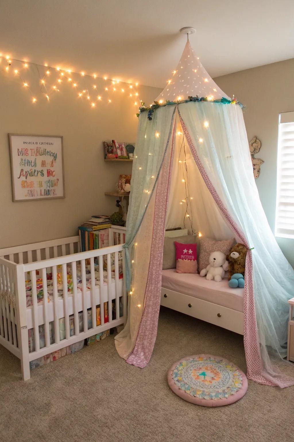 A canopy contributes a magical and inviting sensation to the shared quarters.