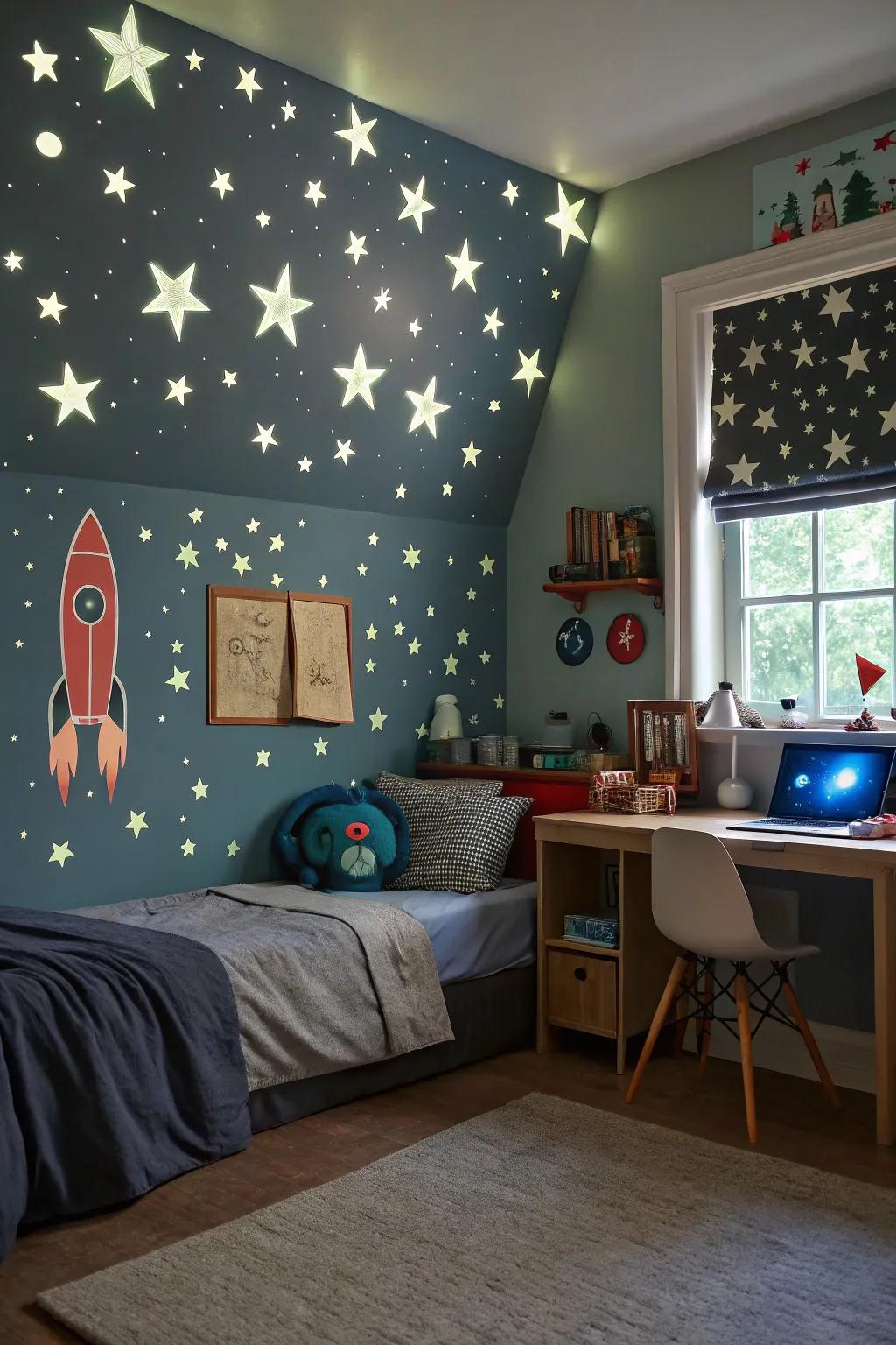 Themed walls introduce a hint of enchantment and wonder to a boy's bedroom.