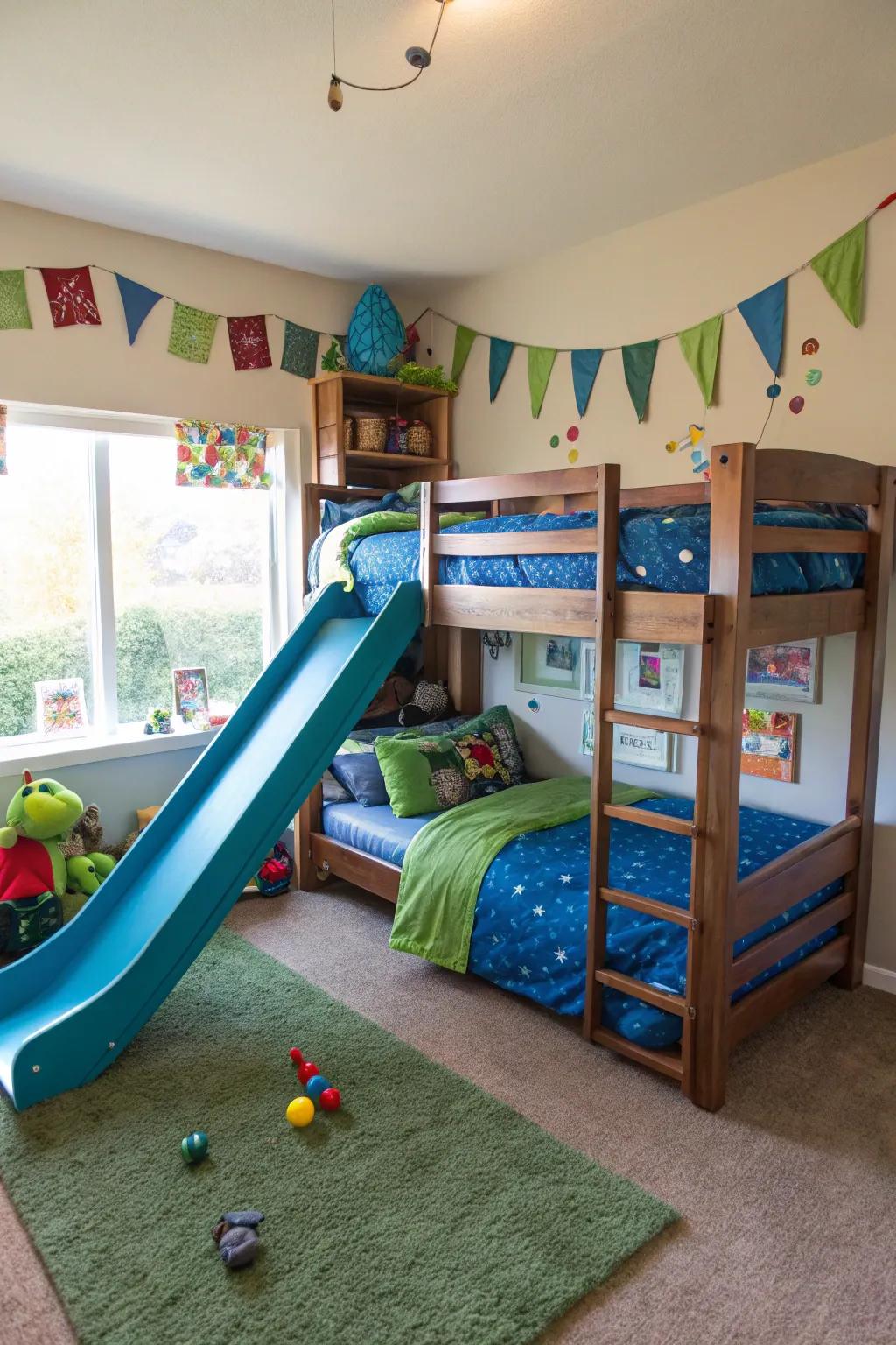 A slide incorporates an entertaining modification to typical bunks.
