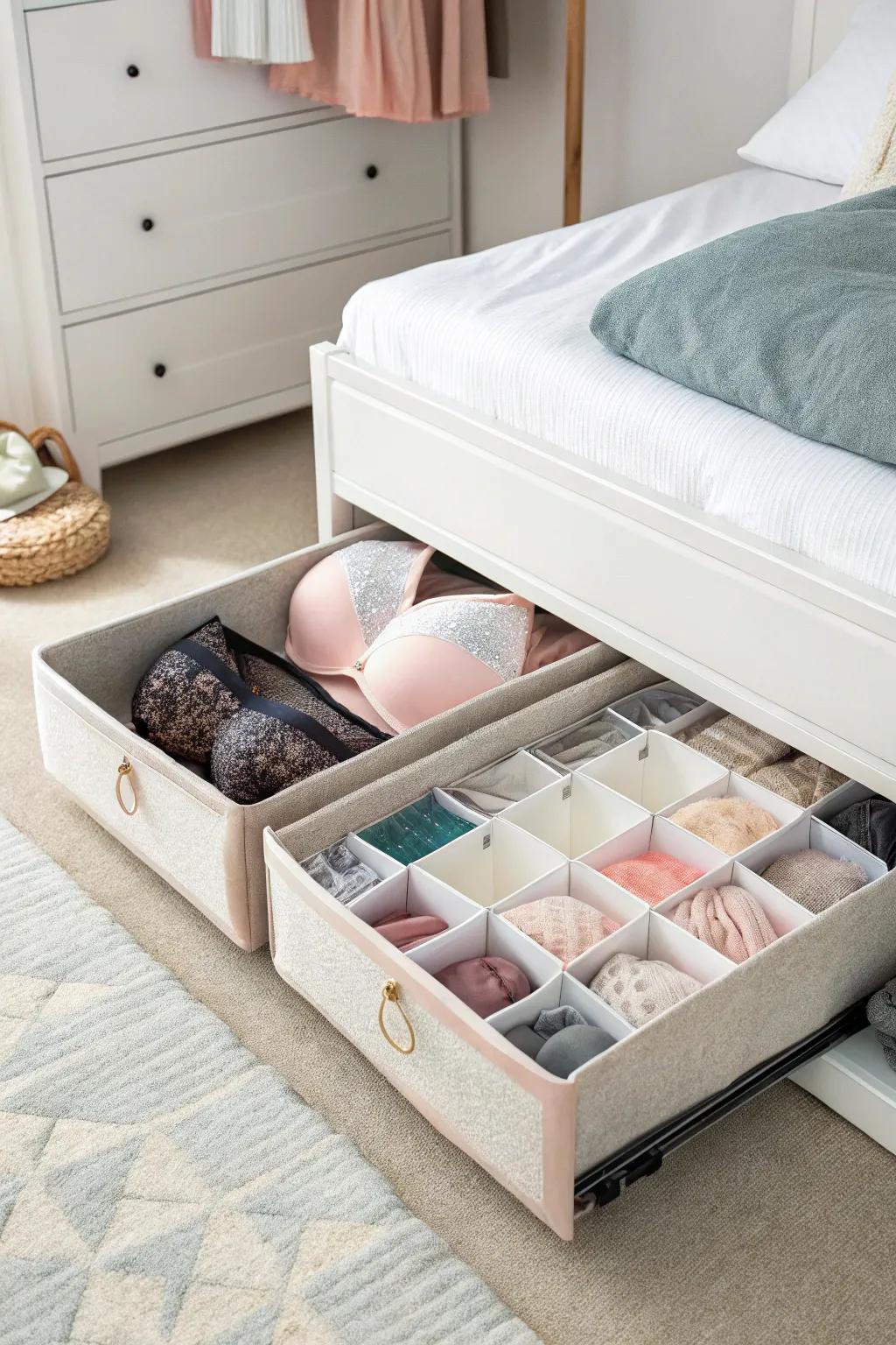 Conceal undergarments utilizing sub-bed storage units.