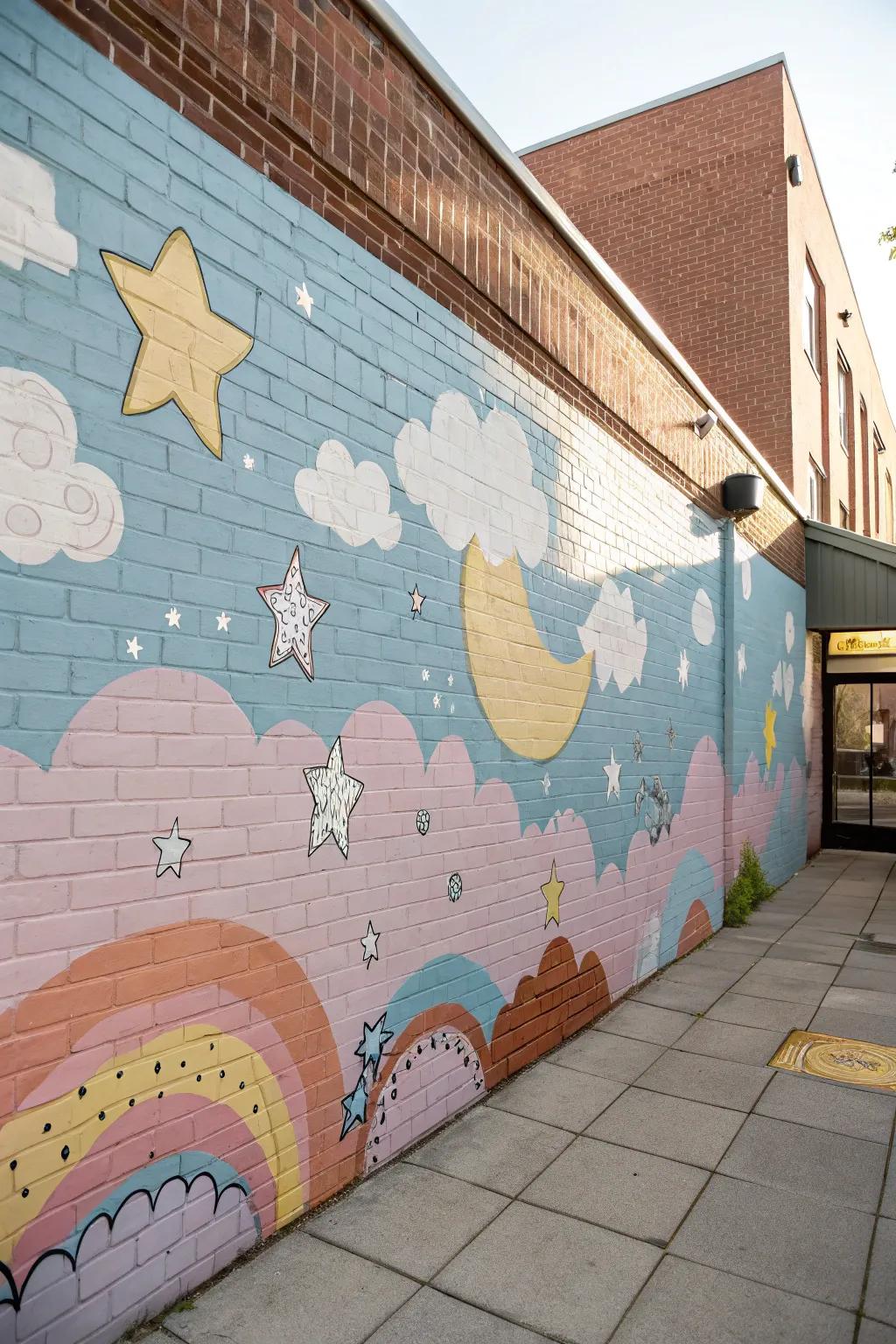 A whimsical nursery mural encourages imagination on a brick wall.