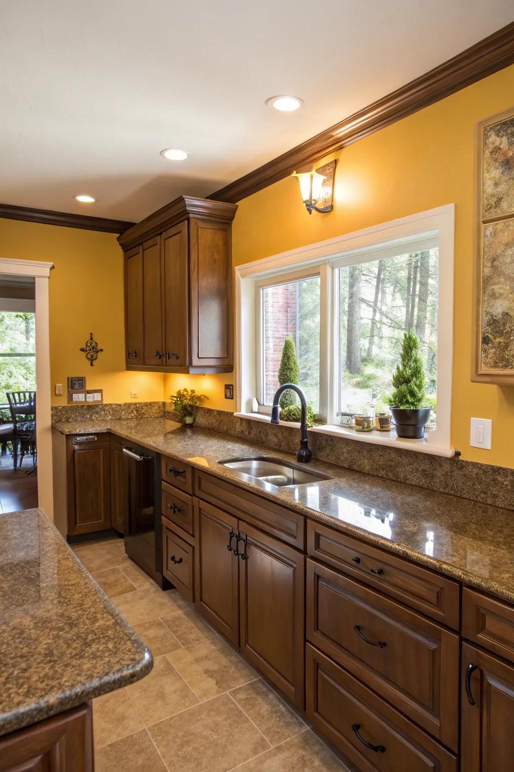 Gilded yellow walls accentuate the warm tones of brown granite.