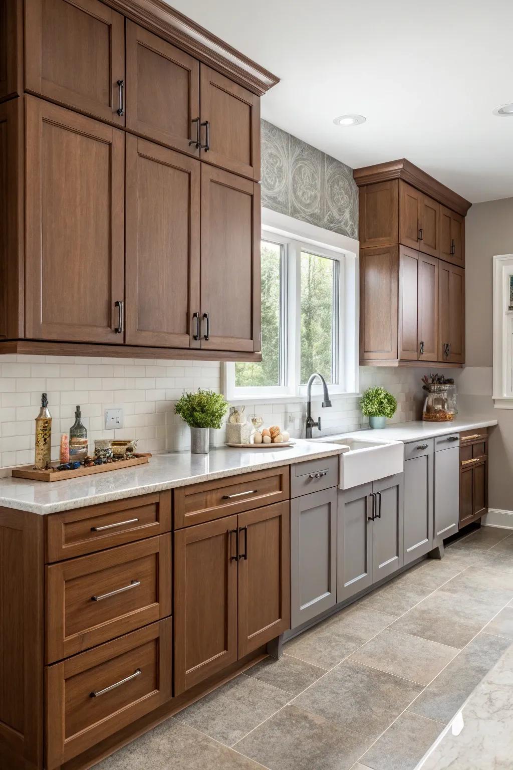 Brown and pewter compositions extend a modern sophistication.