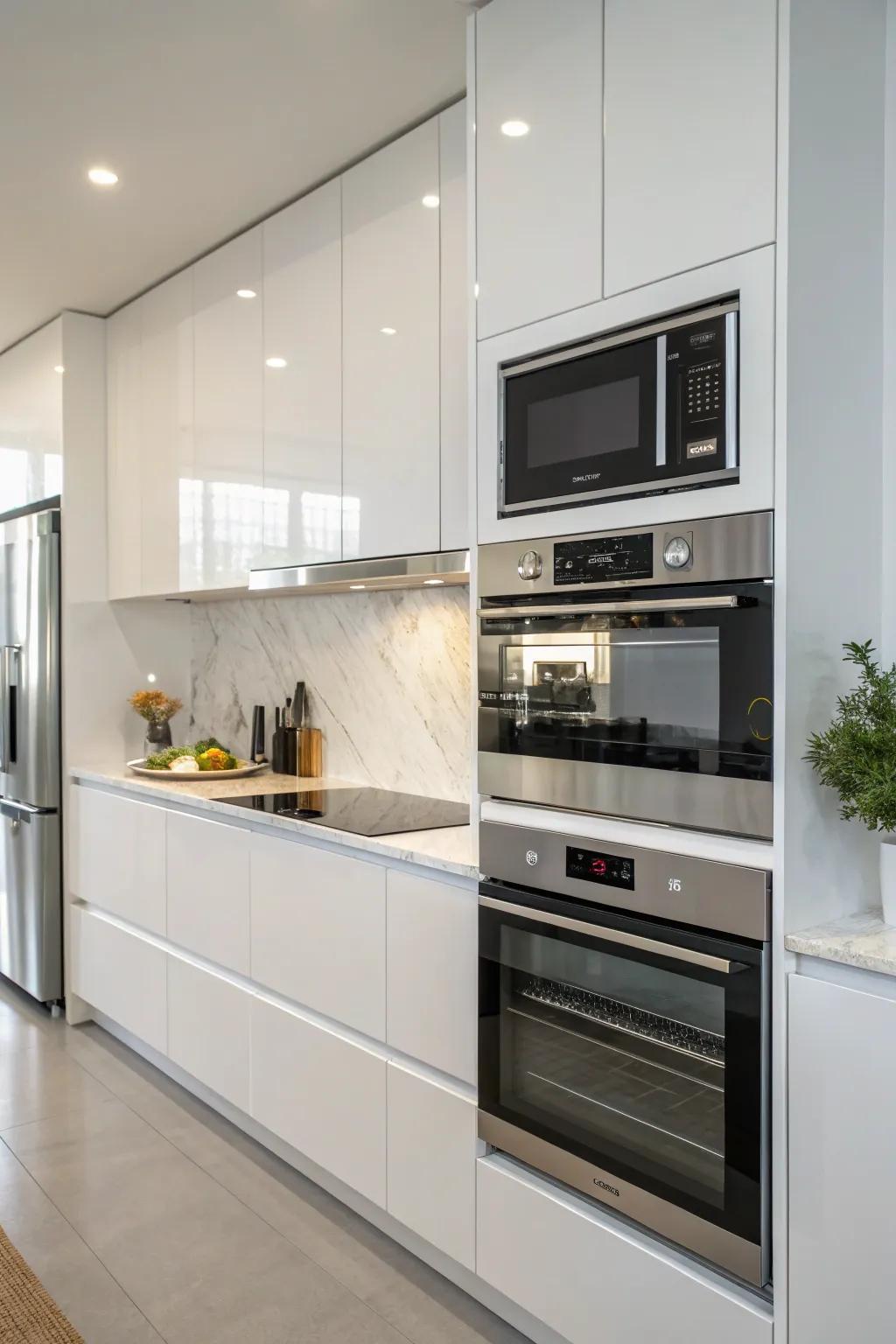 Modern culinary area featuring a microwave arranged over a wall oven, thereby constituting a cohesive culinary zone.