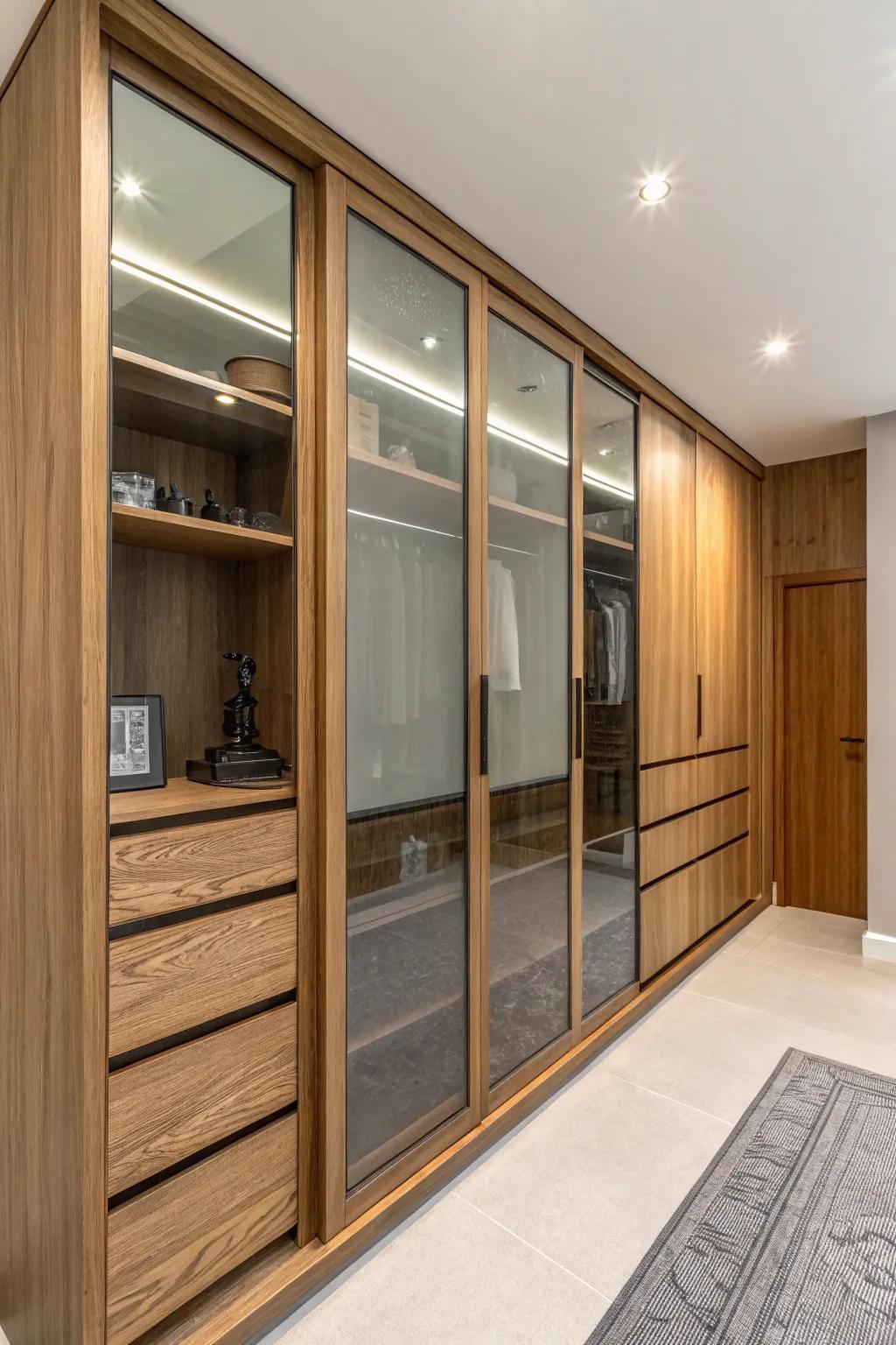 Mixing materials in wardrobes creates a visually striking design.