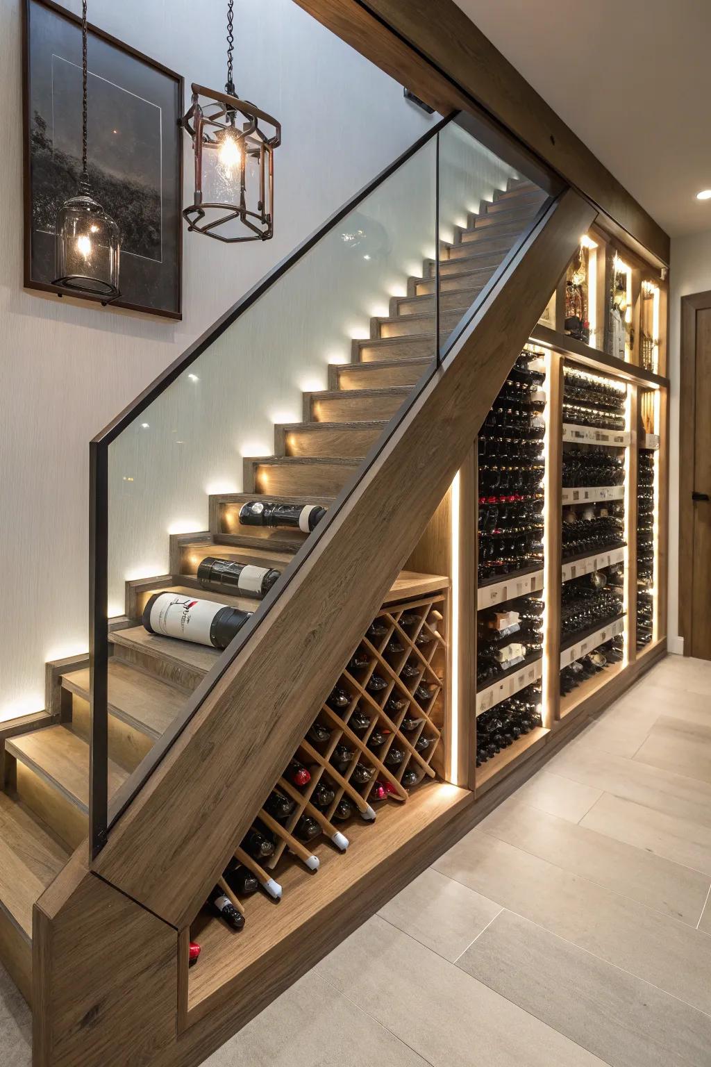 An elegant wine storage choice within a stair bulkhead.