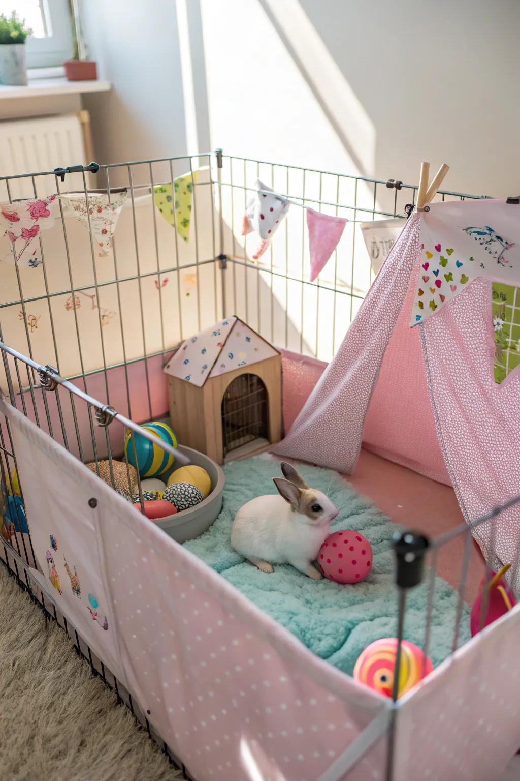 Patterned bedding introduces a touch of character to the bunny's dwelling.